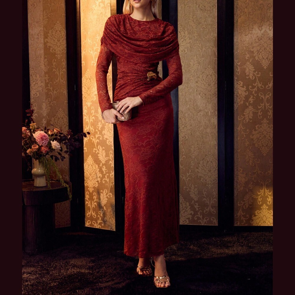 Rust Red Lace Draped Cowl Neck Long Sleeve Slim Fit Maxi Dress
